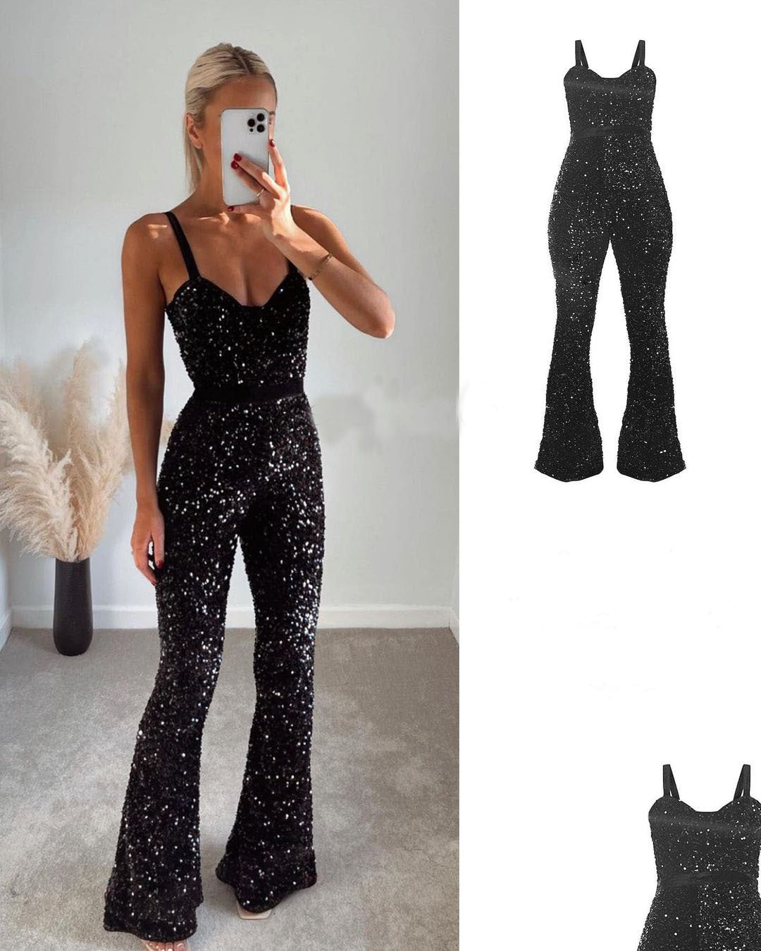 Women's Fashionable Sequins Suspenders Stitching Hip Flared Jumpsuit