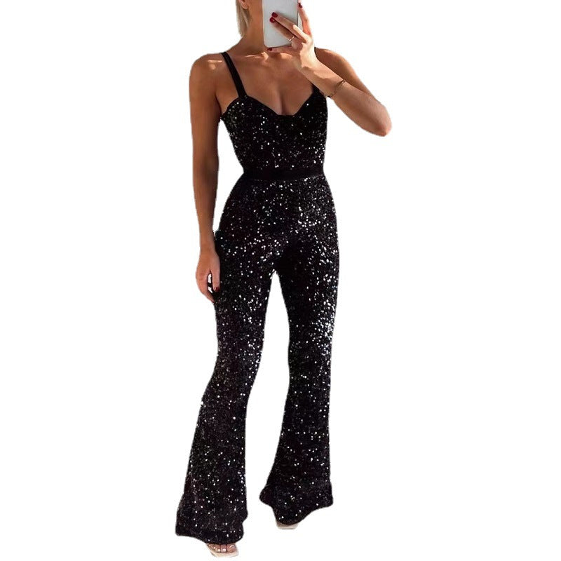 Women's Fashionable Sequins Suspenders Stitching Hip Flared Jumpsuit